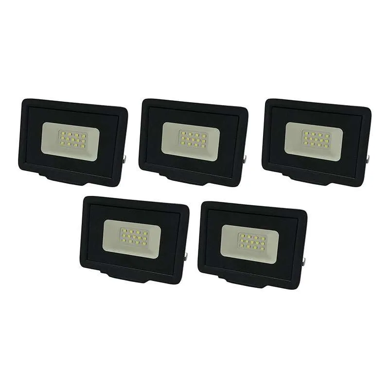 Lot de 5 Projecteurs LED 10W (50W) Noir Étanche IP65 800lm - Blanc Chaud 2700K