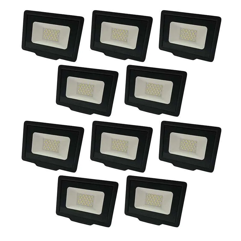 Lot de 10 Projecteurs LED Noirs 30W (200W) Étanche IP65 2400lm - Blanc Chaud 2700K