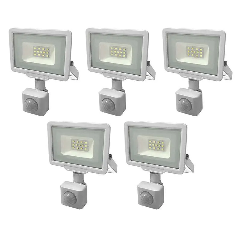 Lot de 5 Projecteurs LED Blancs 10W à Détecteur IP65 800lm - Blanc du Jour 6000K