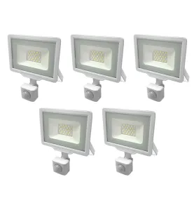 Lot de 5 Projecteurs LED Blancs 20W (100W) à Détecteur IP65 1600lm - Blanc Naturel 4500K