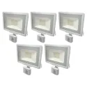 Lot de 5 Projecteurs LED Blancs 30W (150W) à Détecteur IP65 2400lm - Blanc Chaud 2700K