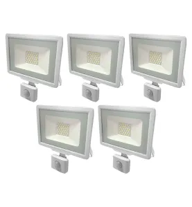 Lot de 5 Projecteurs LED Blancs 30W (150W) à Détecteur IP65 2400lm - Blanc Chaud 2700K