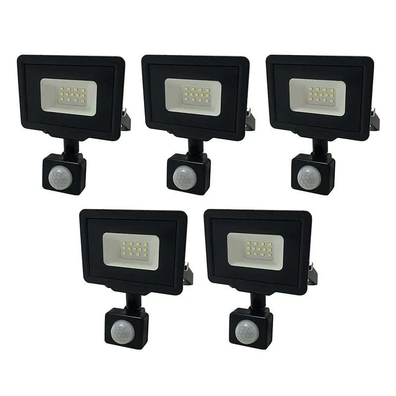 Lot de 5 Projecteurs LED Noirs 10W à Détecteur IP65 800lm - Blanc Chaud 2700K