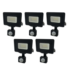 Lot de 5 Projecteurs LED Noirs 10W à Détecteur IP65 800lm - Blanc Chaud 2700K