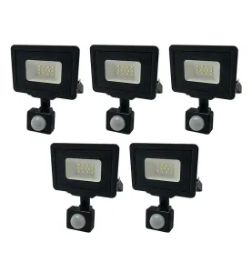 Lot de 5 Projecteurs LED Noirs 10W à Détecteur IP65 800lm - Blanc Naturel 4500K