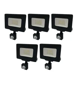 Lot de 5 Projecteurs LED Noirs 20W (100W) à Détecteur IP65 1600lm - Blanc Chaud 2700K