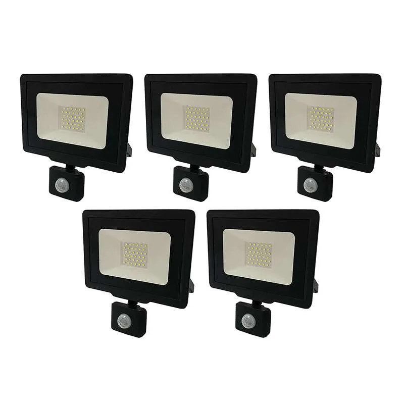 Lot de 5 Projecteurs LED Noirs 30W (150W) à Détecteur IP65 2400lm - Blanc Naturel 4500K