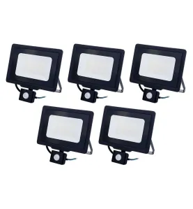 Lot de 5 Projecteurs LED Noirs 50W (250W) à Détecteur IP65 4000lm - Blanc du Jour 6000K